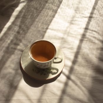 Morning tea set on soft linen